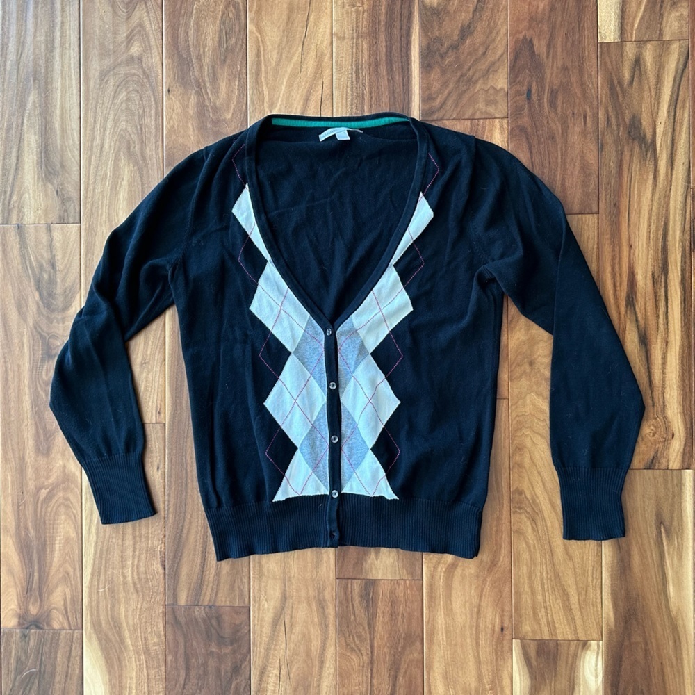 Old Navy Black and White Argyle V-Neck Cardigan Sweater size Large